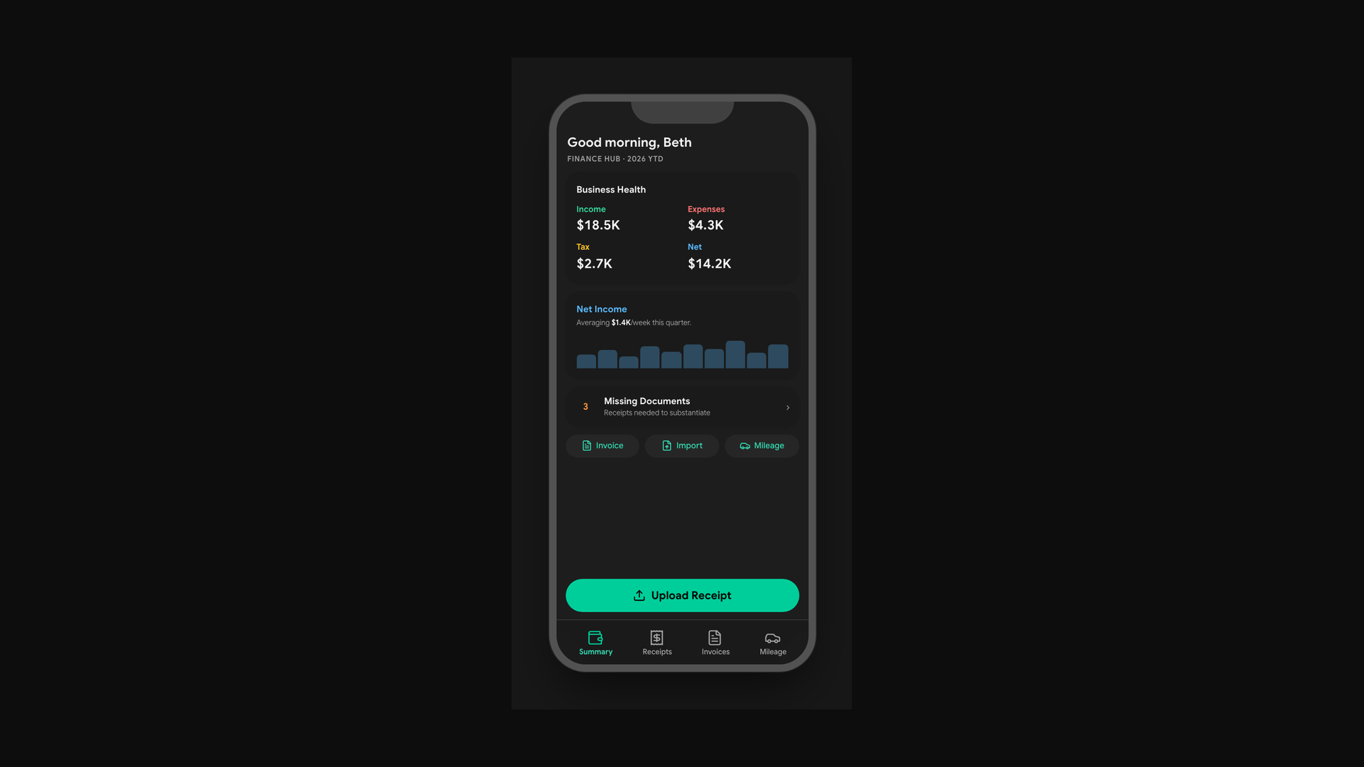 The KiwiBooks client mobile view — income, expenses, tax, and net in one glance, with one-tap receipt upload