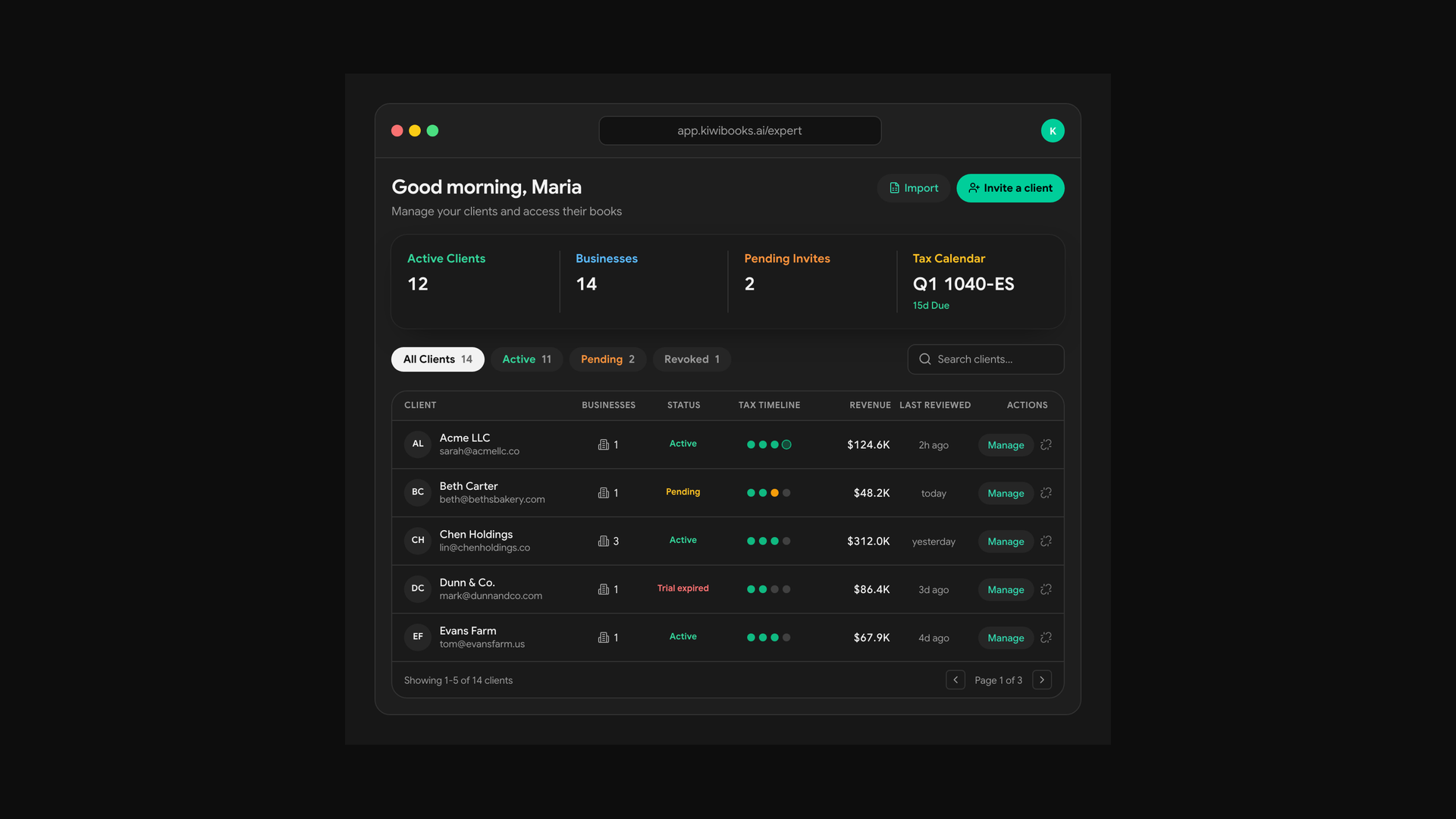 The KiwiBooks CPA Admin panel — all clients in one view with active status, revenue, tax timeline, and one-click access