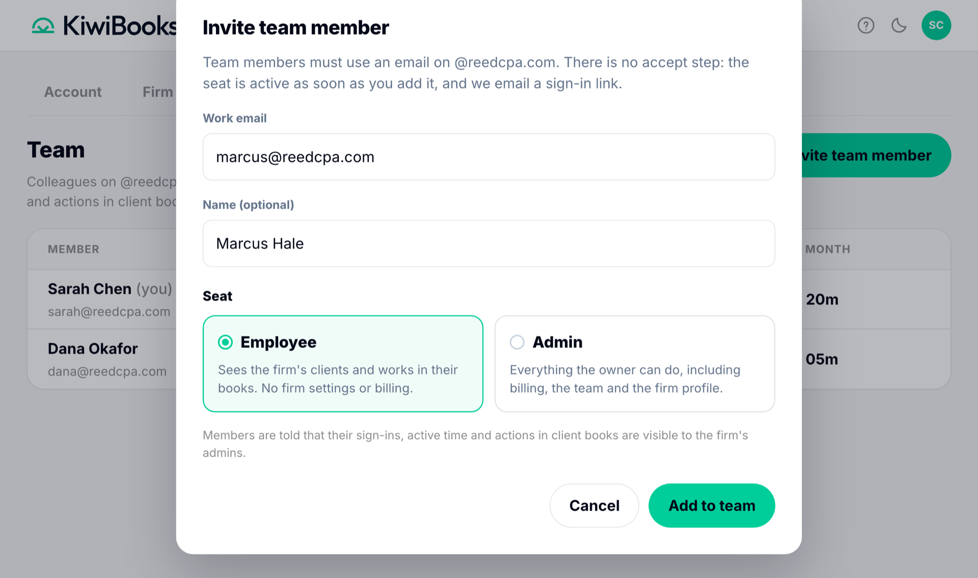 The KiwiBooks Invite team member modal: a Work email field on the firm domain, an optional name, and the Employee and Admin seat choices, with an Add to team button