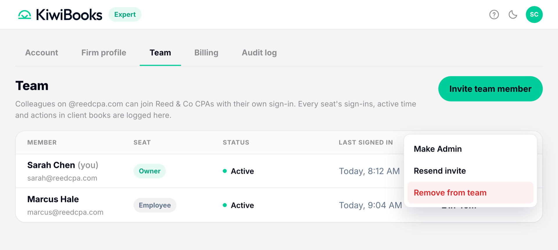The row menu on a KiwiBooks team member, offering Make Admin, Resend invite and Remove from team