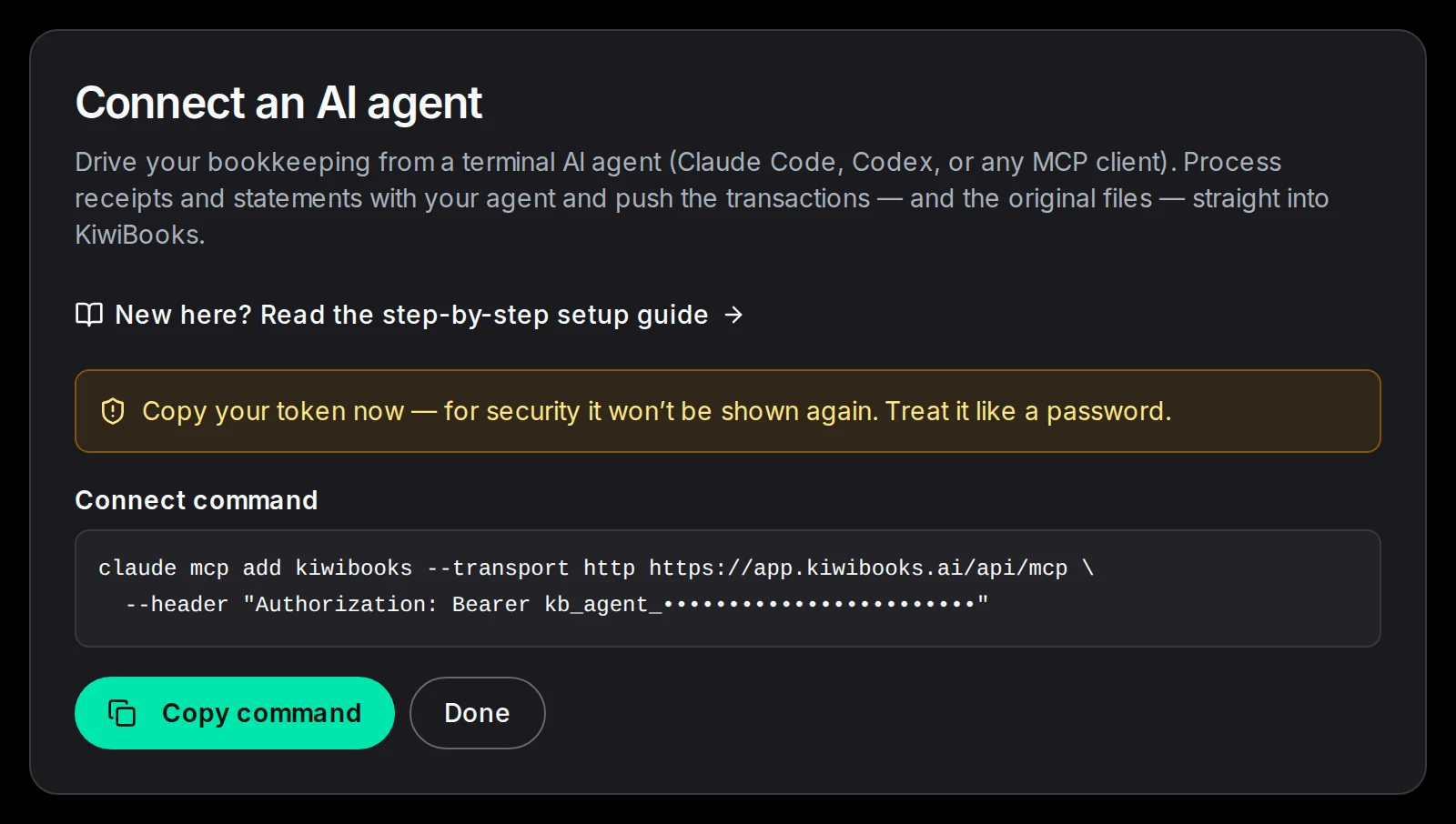 The Connect an AI agent page with the command that connects Claude Code through MCP.