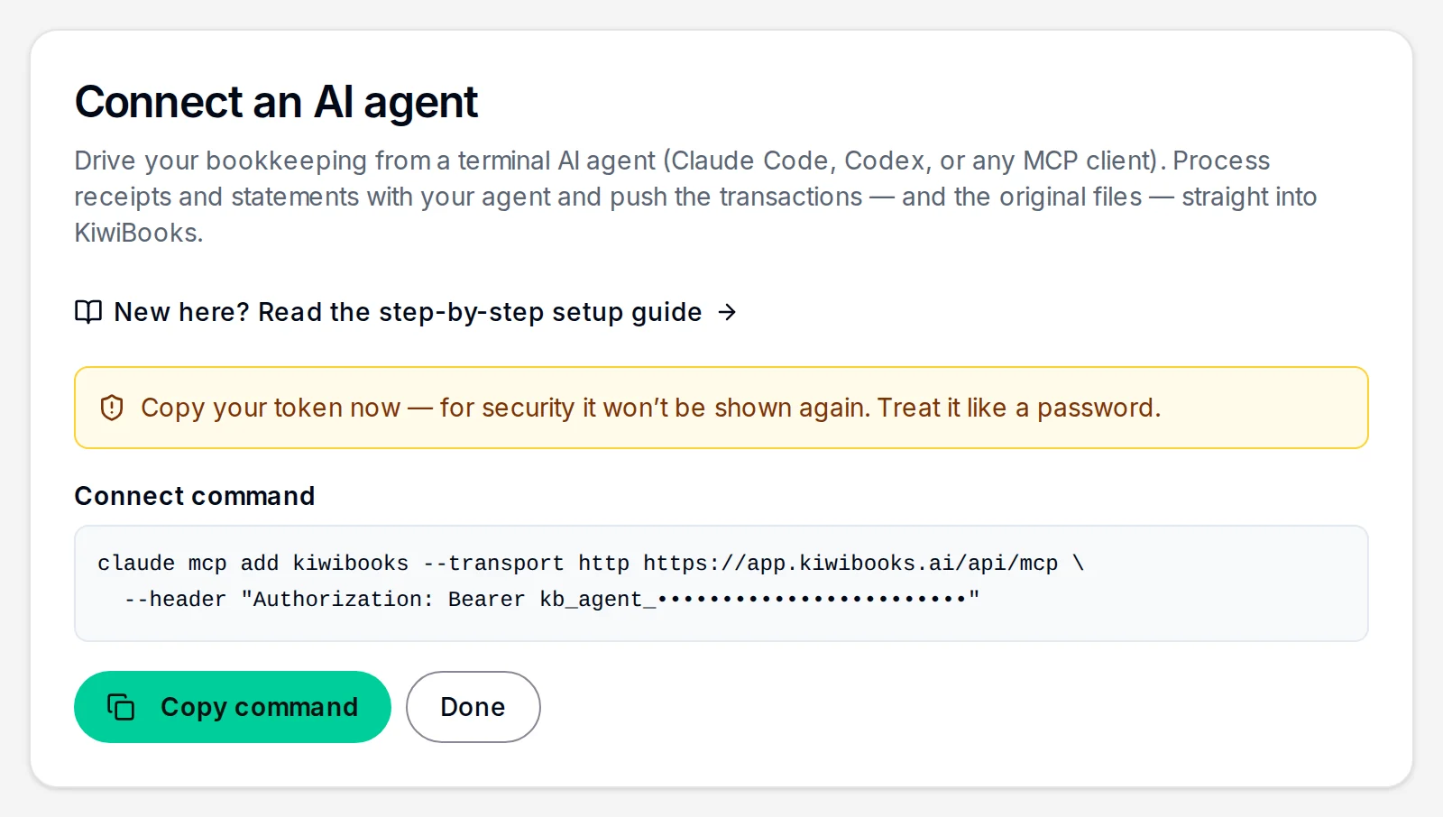 The Connect an AI agent page with the command that connects Claude Code through MCP.