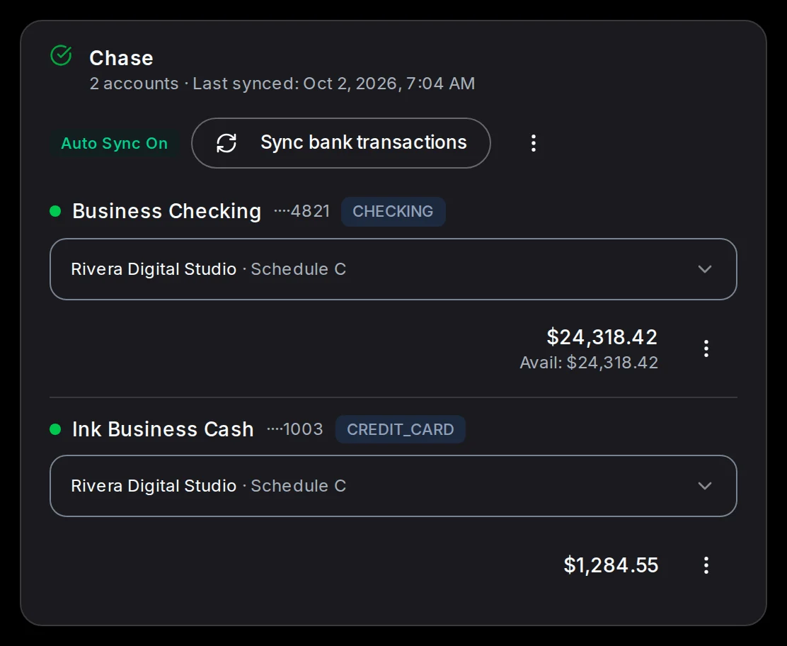 A Chase connection with a checking account and a credit card, set to sync automatically.