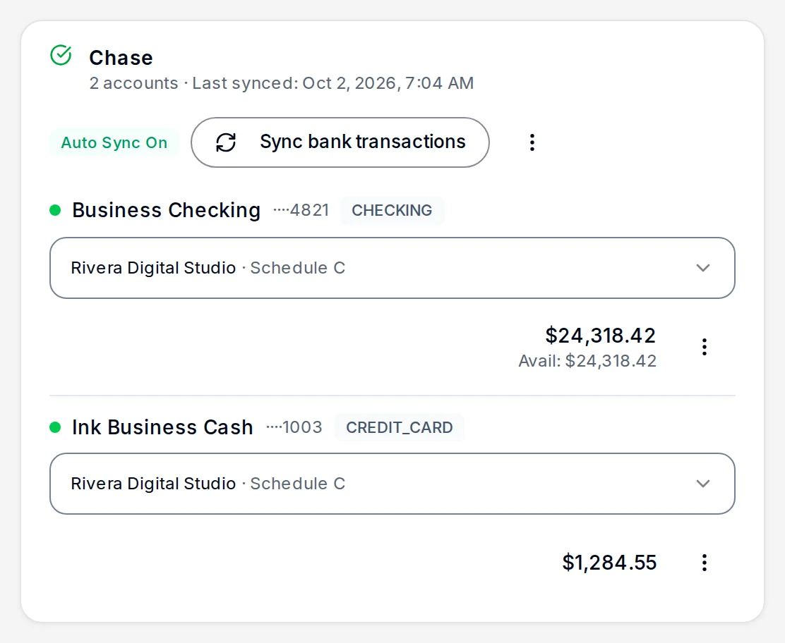 A Chase connection with a checking account and a credit card, set to sync automatically.