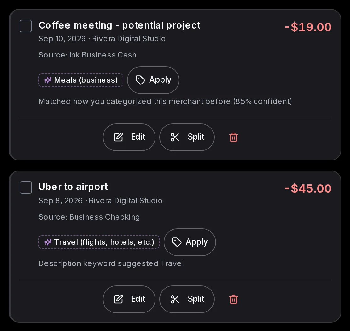Two transactions in KiwiBooks, each with a suggested category, an Apply button and why it was suggested.
