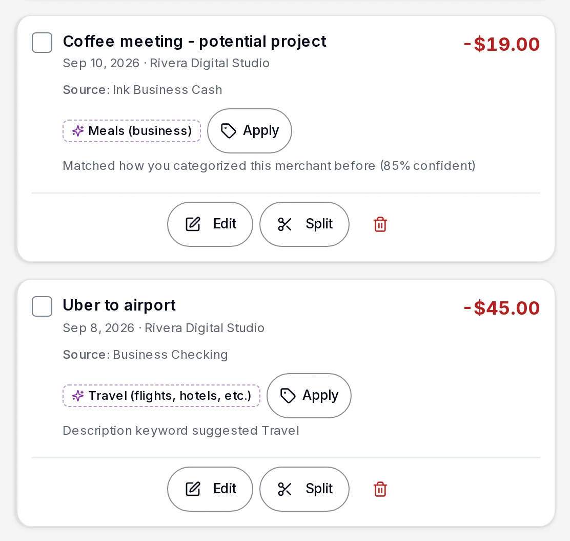 Two transactions in KiwiBooks, each with a suggested category, an Apply button and why it was suggested.