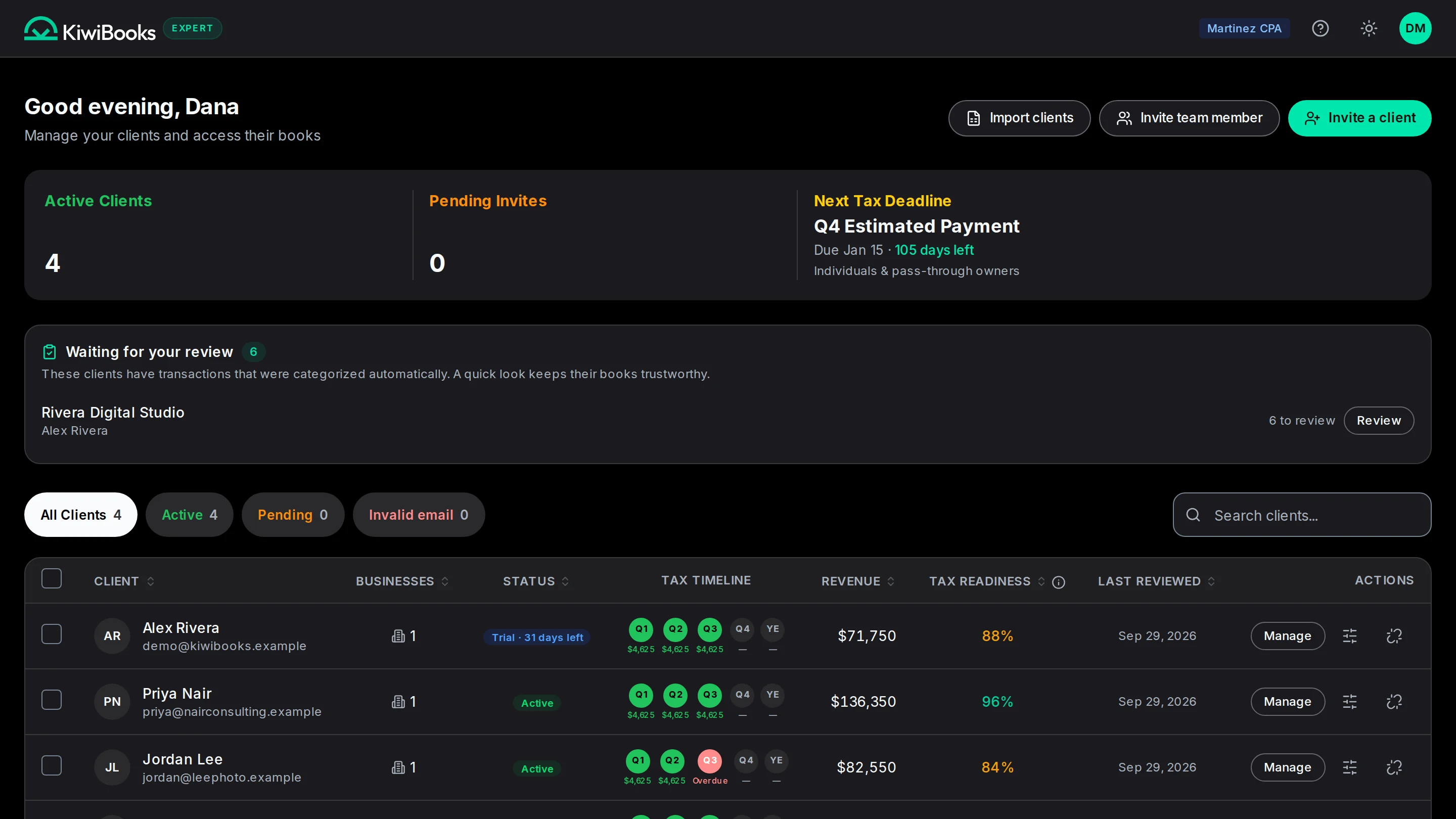 The expert console: four active clients, the next tax deadline, a review queue, and each client’s quarterly tax timeline.
