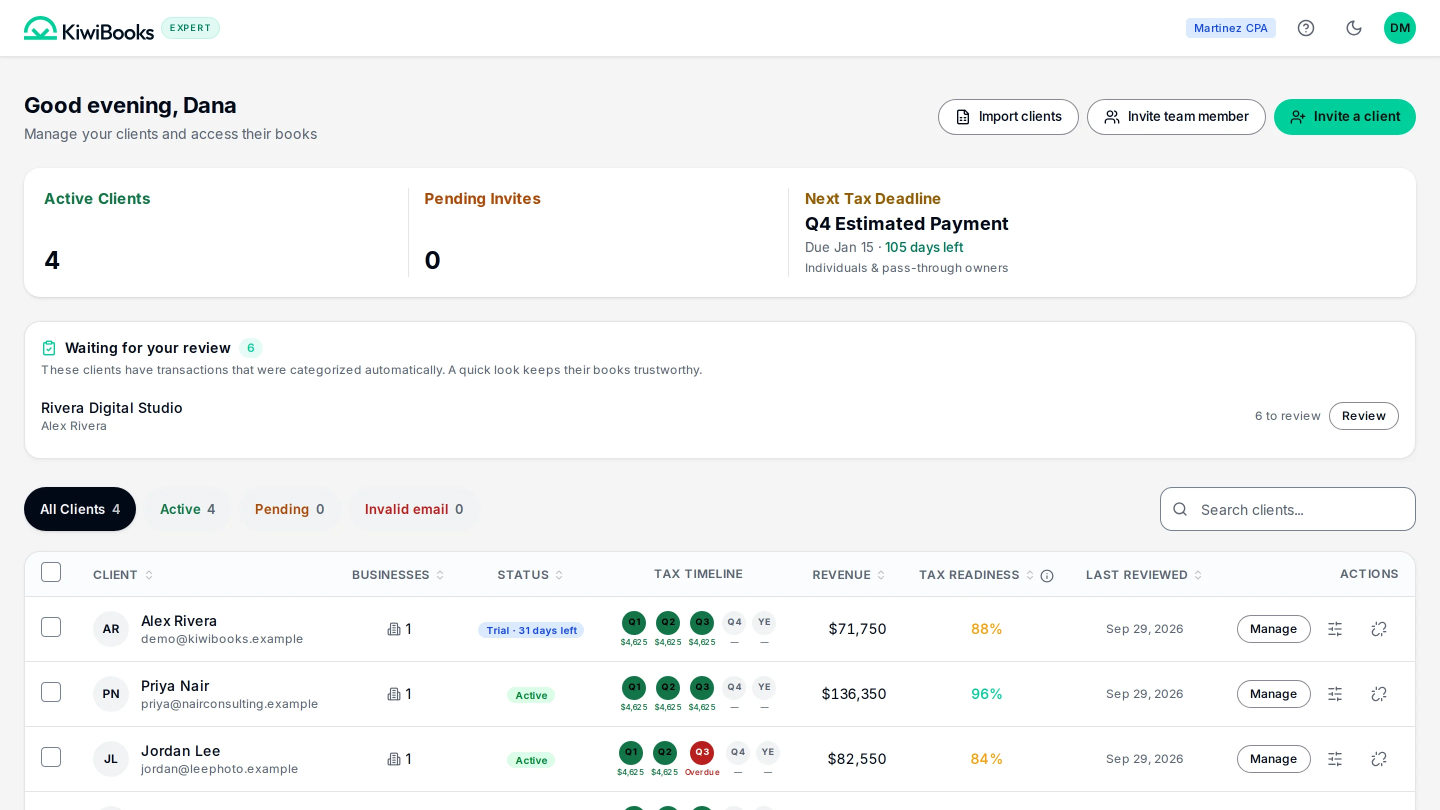 The expert console: four active clients, the next tax deadline, a review queue, and each client’s quarterly tax timeline.