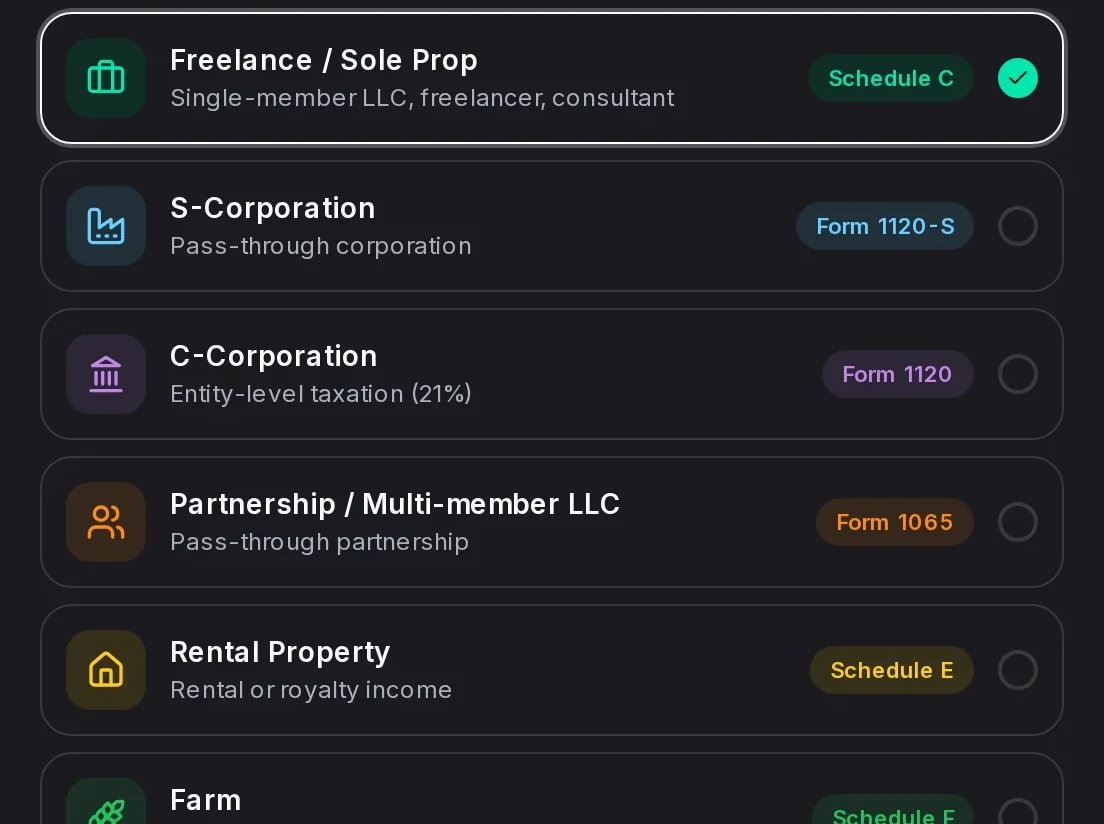 The business types KiwiBooks supports, each with its tax form, from Schedule C to Form 1065.