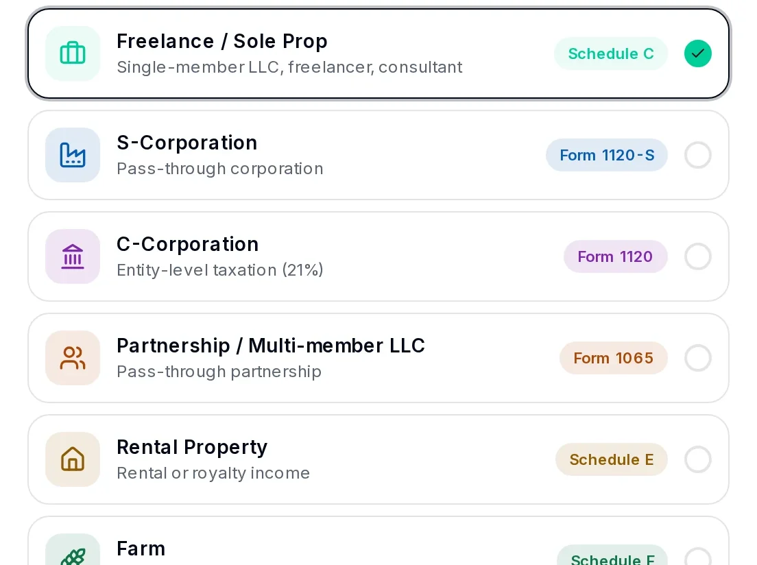 The business types KiwiBooks supports, each with its tax form, from Schedule C to Form 1065.