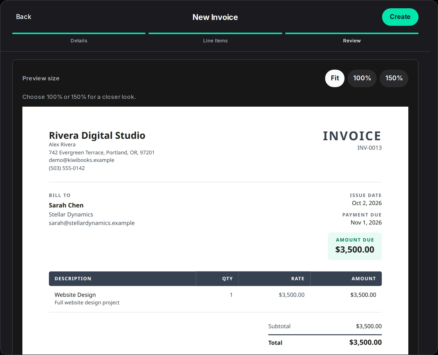 An invoice preview before it is created, with the line item and amount due.