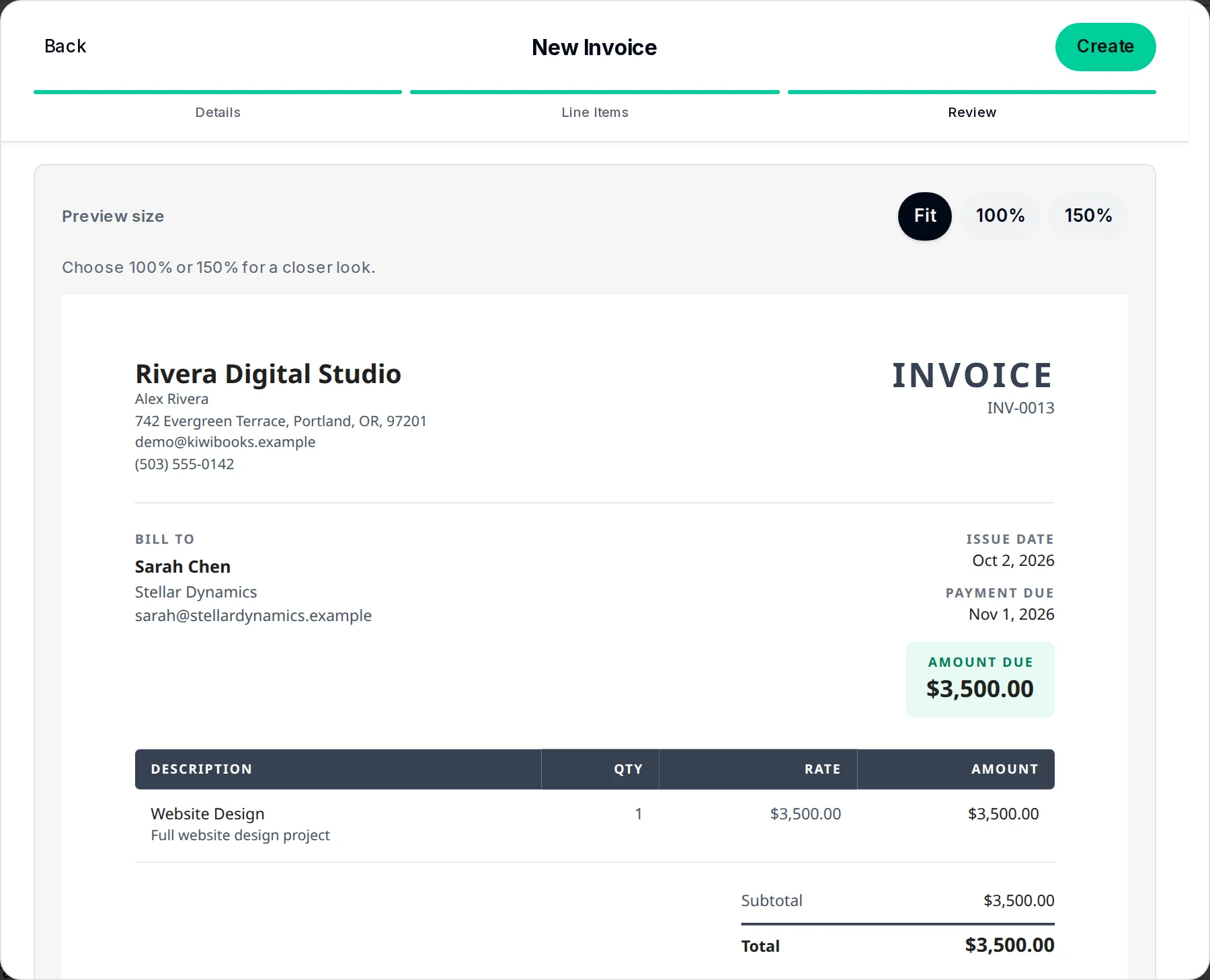 An invoice preview before it is created, with the line item and amount due.