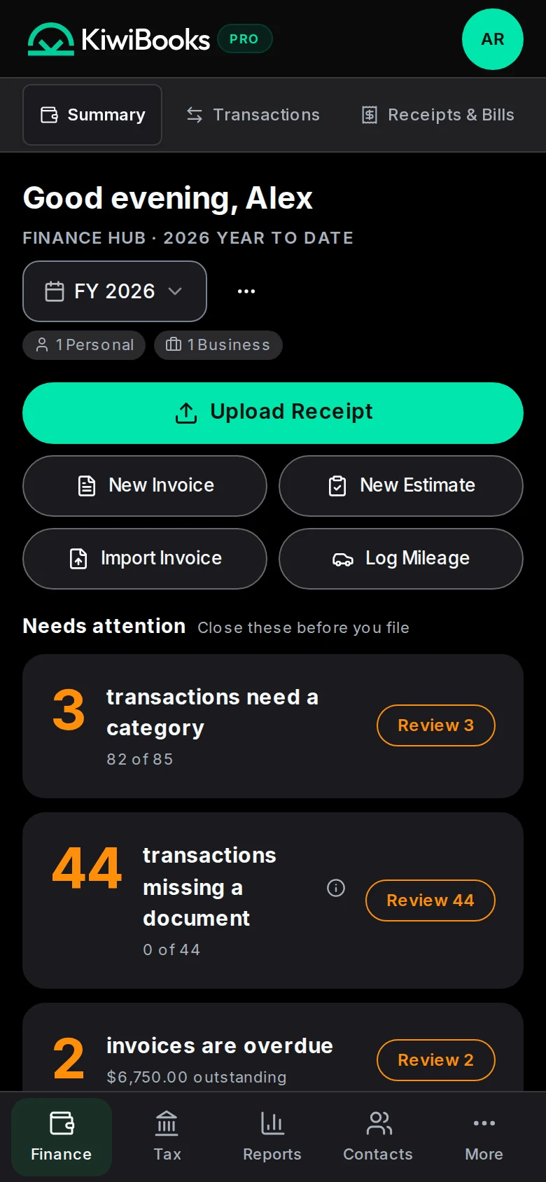 The same business in the KiwiBooks app on a phone: the Finance Hub summary with upload, invoice and mileage shortcuts.