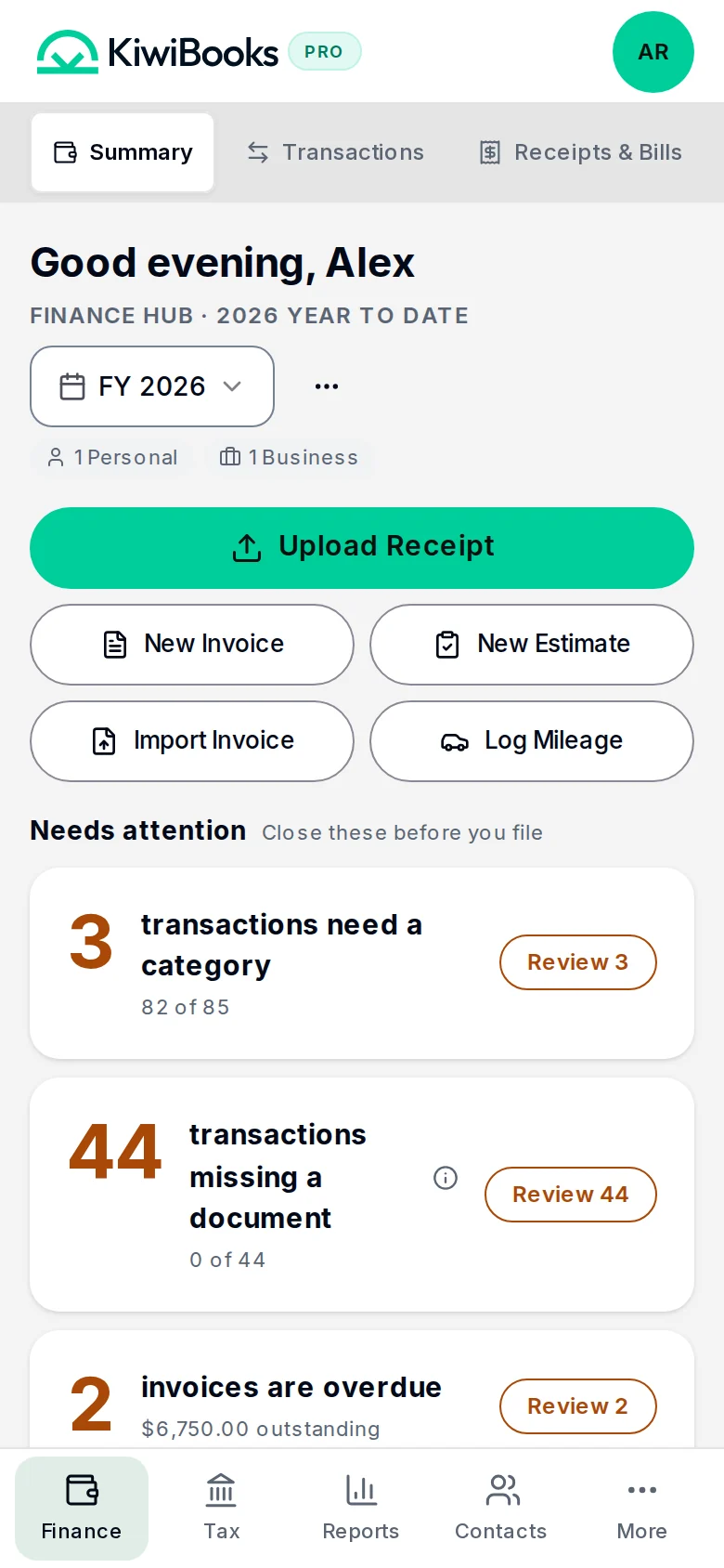 The same business in the KiwiBooks app on a phone: the Finance Hub summary with upload, invoice and mileage shortcuts.
