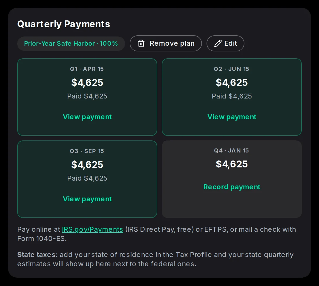 Quarterly estimated payments: three quarters paid and the last one still to come.