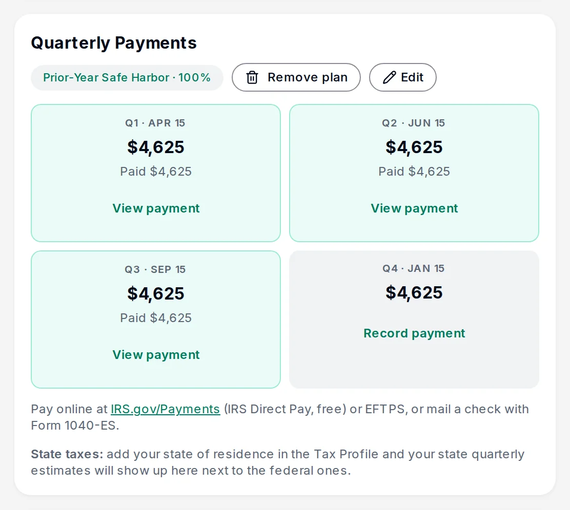 Quarterly estimated payments: three quarters paid and the last one still to come.