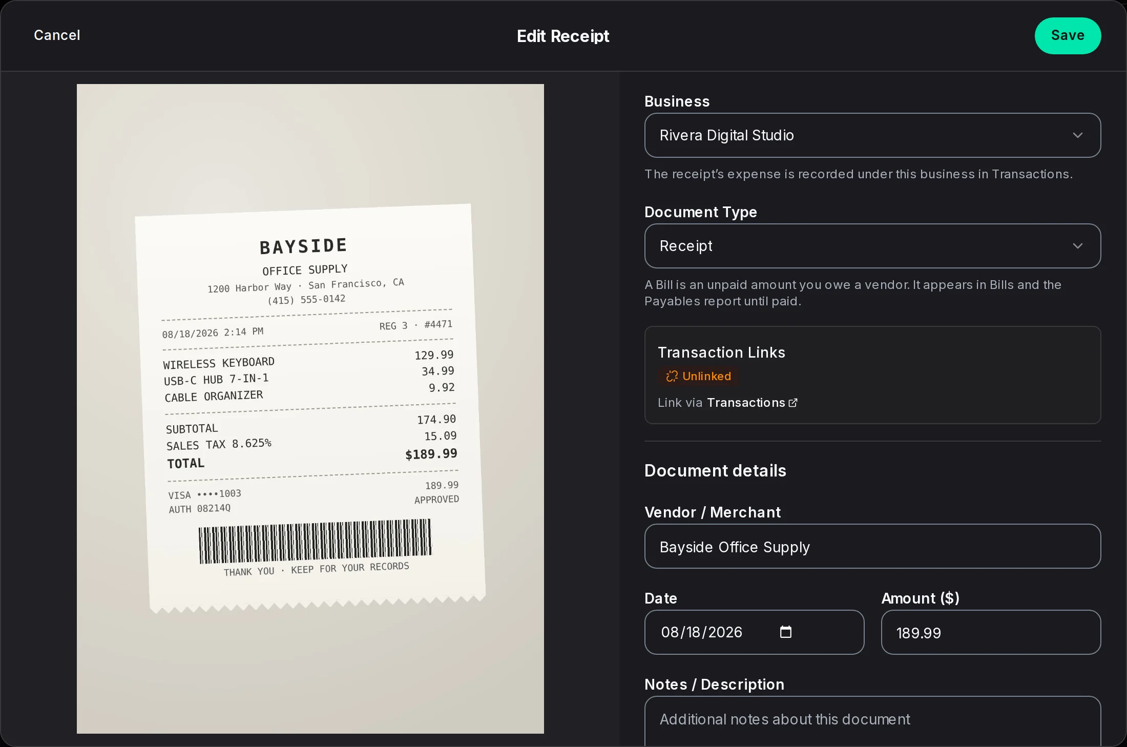 A scanned receipt beside the vendor, date and amount KiwiBooks read from it.