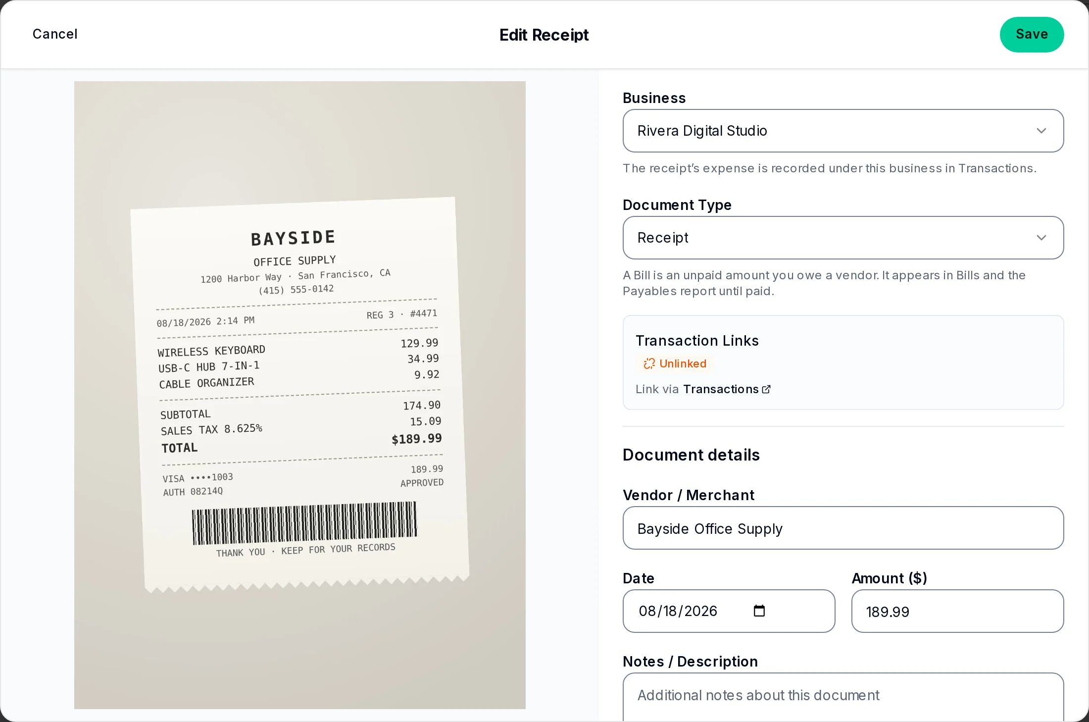 A scanned receipt beside the vendor, date and amount KiwiBooks read from it.